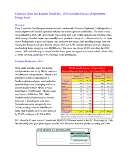 Canadian Grass and Legume Seed Data: 2016 Canadian Census of Agriculture – Forage Seed