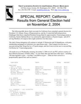 California Results from General Election Held on November 2, 2004