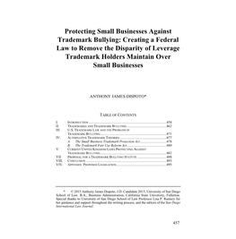 Protecting Small Businesses Against Trademark Bullying: Creating a Federal Law to Remove the Disparity of Leverage Trademark Holders Maintain Over Small Businesses