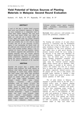 Yield Potential of Various Sources of Planting Materials in Malaysia