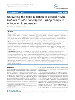 Unraveling the Rapid Radiation of Crested Newts (Triturus Cristatus Superspecies) Using Complete Mitogenomic Sequences Ben Wielstra1,2* and Jan W Arntzen2