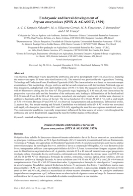 Embryonic and Larval Development of Brycon Amazonicus (SPIX & AGASSIZ, 1829) A