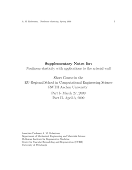 Supplementary Notes For: Nonlinear Elasticity with Applications to the Arterial Wall Short Course in the EU-Regional School in C