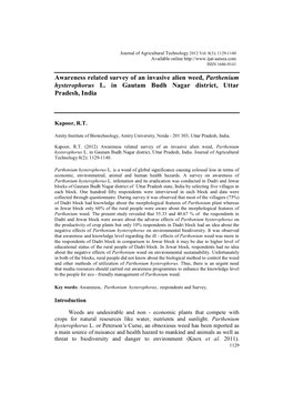 Awareness Related Survey of an Invasive Alien Weed, Parthenium Hysterophorus L