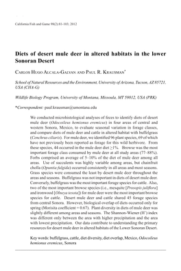 Diets of Desert Mule Deer in Altered Habitats in the Lower Sonoran Desert