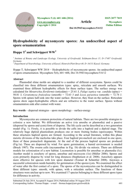 Hydrophobicity of Myxomycete Spores: an Undescribed Aspect of Spore Ornamentation