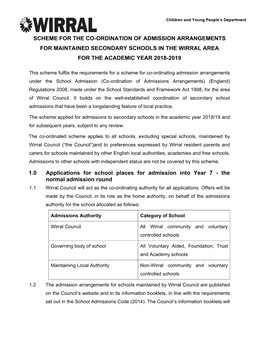 Scheme for the Co-Ordination of Admission Arrangements for Maintained Secondary Schools in the Wirral Area for the Academic Year 2018-2019