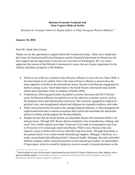 1 Russian Economic Footprint and State Capture Risks in Serbia Statement by Nemanja Todorović Štiplija (Editor in Chief, Euro