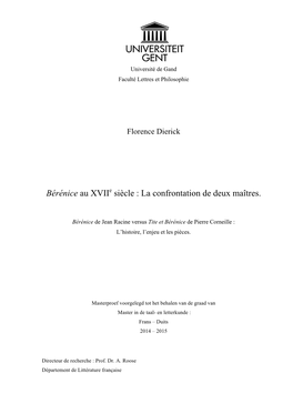 Bérénice Au Xviie Siècle : La Confrontation De Deux Maîtres