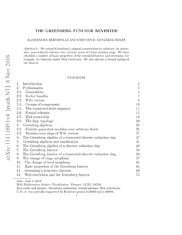 Arxiv:1311.0051V4 [Math.NT] 8 Nov 2016 3 Elrsrcinadtegenegfntr75 65 44 27 49 5 Functor Greenberg the and Restriction Weil Theorem 25 Functor Structure 13