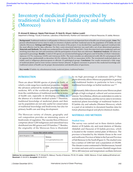 Inventory of Medicinal Plants Prescribed by Traditional Healers in El Jadida City and Suburbs