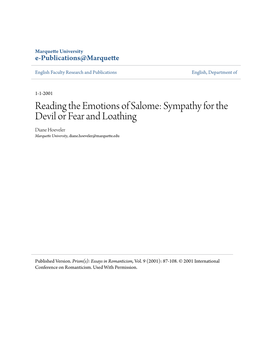 Reading the Emotions of Salome: Sympathy for the Devil Or Fear and Loathing Diane Hoeveler Marquette University, Diane.Hoeveler@Marquette.Edu