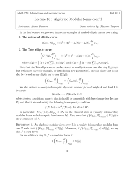 Lecture 16 : Algebraic Modular Forms Cont'd