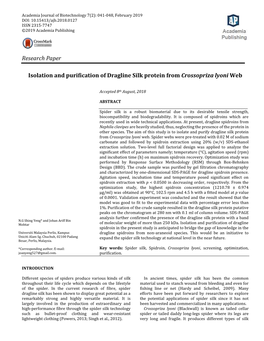 Research Paper Isolation and Purification of Dragline Silk Protein