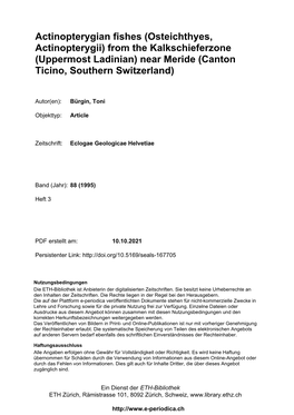 Actinopterygian Fishes (Osteichthyes, Actinopterygii) from the Kalkschieferzone (Uppermost Ladinian) Near Meride (Canton Ticino, Southern Switzerland)