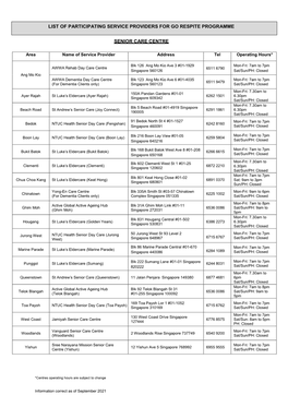 Senior Care Centre List of Participating Service Providers for Go Respite Programme