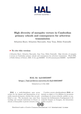 High Diversity of Mosquito Vectors in Cambodian Primary Schools And