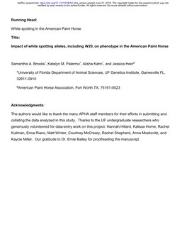 Impact of White Spotting Alleles, Including W20, on Phenotype in the American Paint Horse