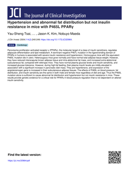 Hypertension and Abnormal Fat Distribution but Not Insulin Resistance in Mice with P465L Pparγ