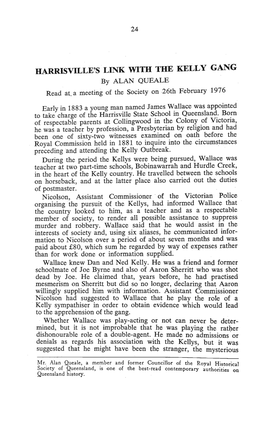 HARRISVILLE's LINK with the KELLY GANG by ALAN QUEALE Read At