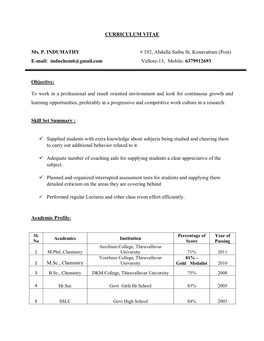 CURRICULUM VITAE Ms. P. INDUMATHY # 192, Abdulla Saibu