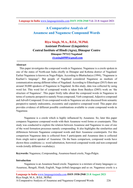 A Comparative Analysis of Assamese and Nagamese Compound Words