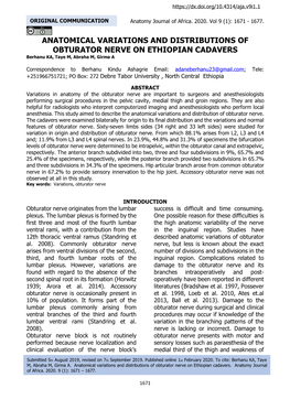 ANATOMICAL VARIATIONS and DISTRIBUTIONS of OBTURATOR NERVE on ETHIOPIAN CADAVERS Berhanu KA, Taye M, Abraha M, Girma A