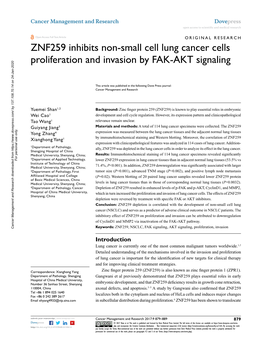 ZNF259 Inhibits Non-Small Cell Lung Cancer Cells Proliferation and Invasion by FAK-AKT Signaling