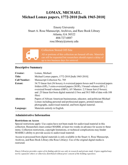 LOMAX, MICHAEL. Michael Lomax Papers, 1772-2010 [Bulk 1965-2010]