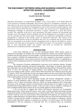 THE DISCONNECT BETWEEN HERALDED BUSINESS CONCEPTS and EFFECTIVE SCHOOL LEADERSHIP JACK RICE Loyola University Maryland