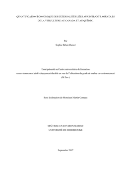 Quantification Économique Des Externalités Liées Aux Intrants Agricoles De La Viticulture Au Canada Et Au Québec