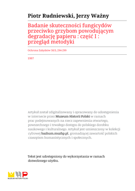 Piotr Rudniewski, Jerzy Ważny Badanie Skuteczności Fungicydów Przeciwko Grzybom Powodującym Degradację Papieru : Część I : Przegląd Metodyki