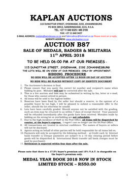 Kaplan Auctions 115 Dunottar Street, Sydenham, 2192, Johannesburg Po Box 28913, Sandringham, 2131, R.S.A
