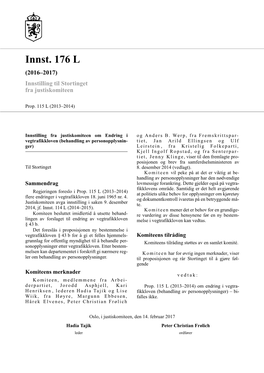 Innst. 176 L (2016–2017) Innstilling Til Stortinget Fra Justiskomiteen