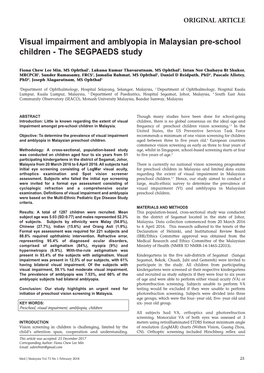 Visual Impairment and Amblyopia in Malaysian Pre-School Children - the SEGPAEDS Study