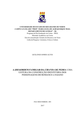 Ordem Familiar Da Ciranda De Pedra: Uma Leitura Da Construção Identitária Dos Personagens Do Romance Lygiano