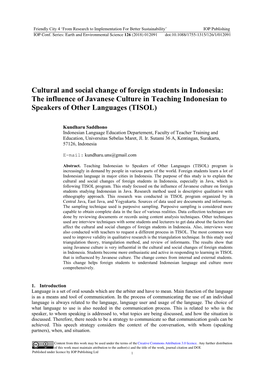 The Influence of Javanese Culture in Teaching Indonesian to Speakers of Other Languages (TISOL)