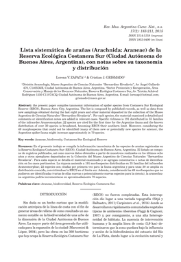 De La Reserva Ecológica Costanera Sur (Ciudad Autónoma De Buenos Aires, Argentina), Con Notas Sobre Su Taxonomía Y Distribución