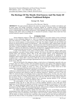 Oral Sources and the Study of African Traditional Religion George I.K