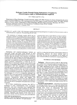 Hydrogen Cyanide Potential During Pathogenesis of Sorghum by Gloeocercospora Sorghi Or Helminthosporium Sorghicola D