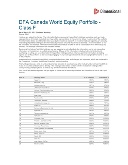 DFA Canada World Equity Portfolio - Class F As of March 31, 2021 (Updated Monthly) Source: RBC Holdings Are Subject to Change