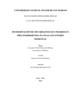 Universidad Nacional Mayor De San Marcos Determinación De Metabolitos Secundarios En Tres Pteridofitos, Plantas Con Interés Me