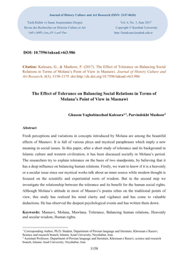 The Effect of Tolerance on Balancing Social Relations in Terms of Molana’S Point of View in Masnawi