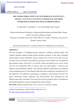 The Antibacterial Effect of Two Medicinal Plants Inula Viscosa, Anacyclus Valentinus (Asteraceae) and Their Synergistic Interaction with Antibiotic Drugs