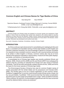 Common English and Chinese Names for Tiger Beetles of China