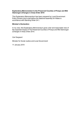 Explanatory Memorandum to the Preserved Counties of Powys and Mid Glamorgan (Changes in Area) Order 2010