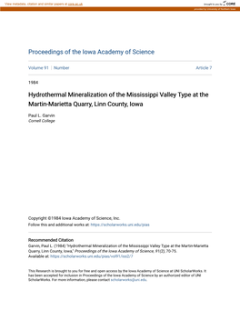 Hydrothermal Mineralization of the Mississippi Valley Type at the Martin-Marietta Quarry, Linn County, Iowa