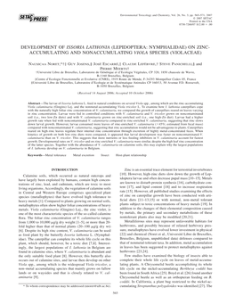 Development of Issoria Lathonia (Lepidoptera: Nymphalidae) on Zinc- Accumulating and Nonaccumulating Viola Species (Violaceae)