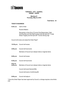 TORONTO CITY COUNCIL ORDER PAPER Meeting 41 Thursday, May