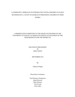 A Community Approach to Introducing Young Children to Early Mathematics: a Study of Kosraean Preschool Children in Their Homes